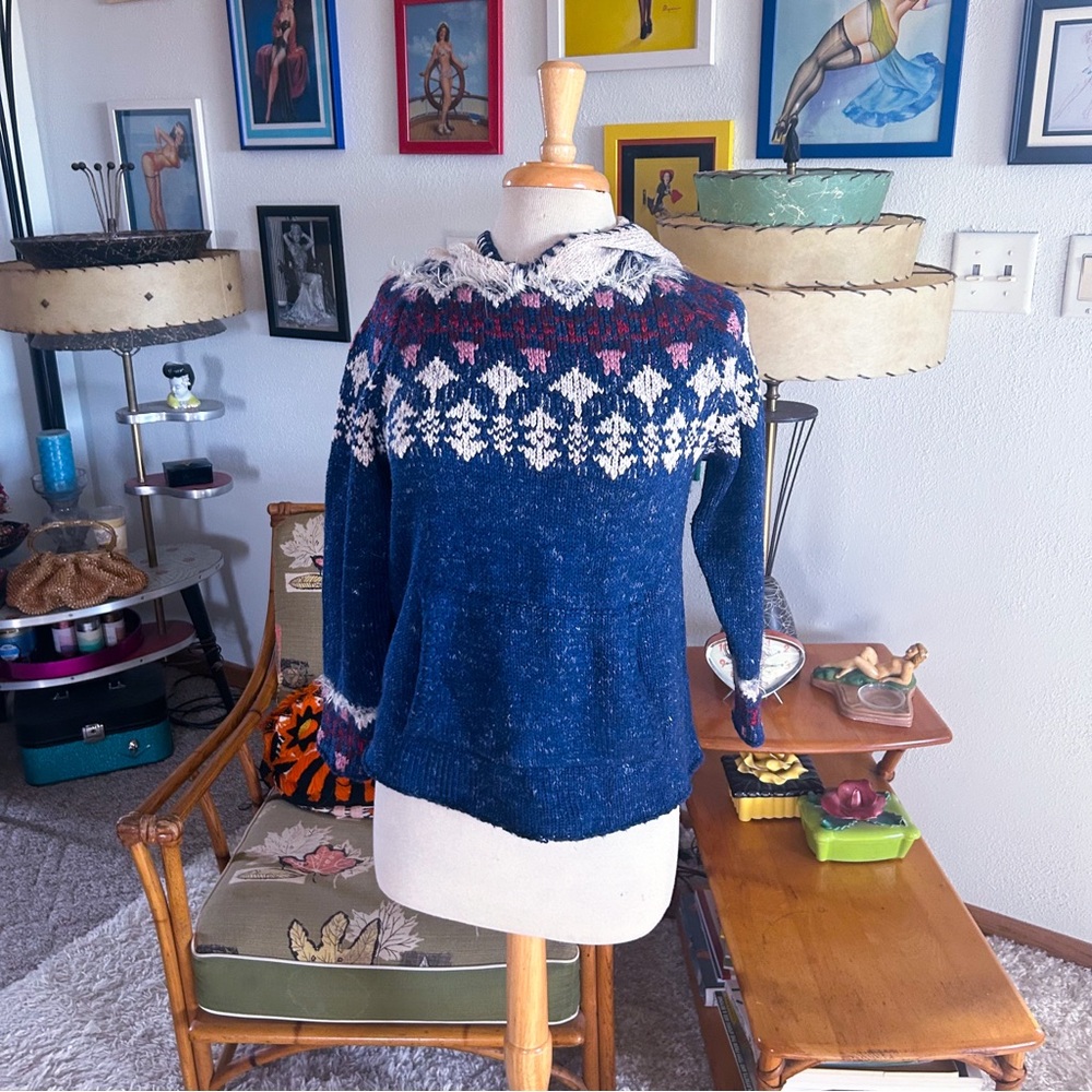 Retro Sweater | Hooded l Fair Isle | 40s Style l S M | Blue Multi | Ski